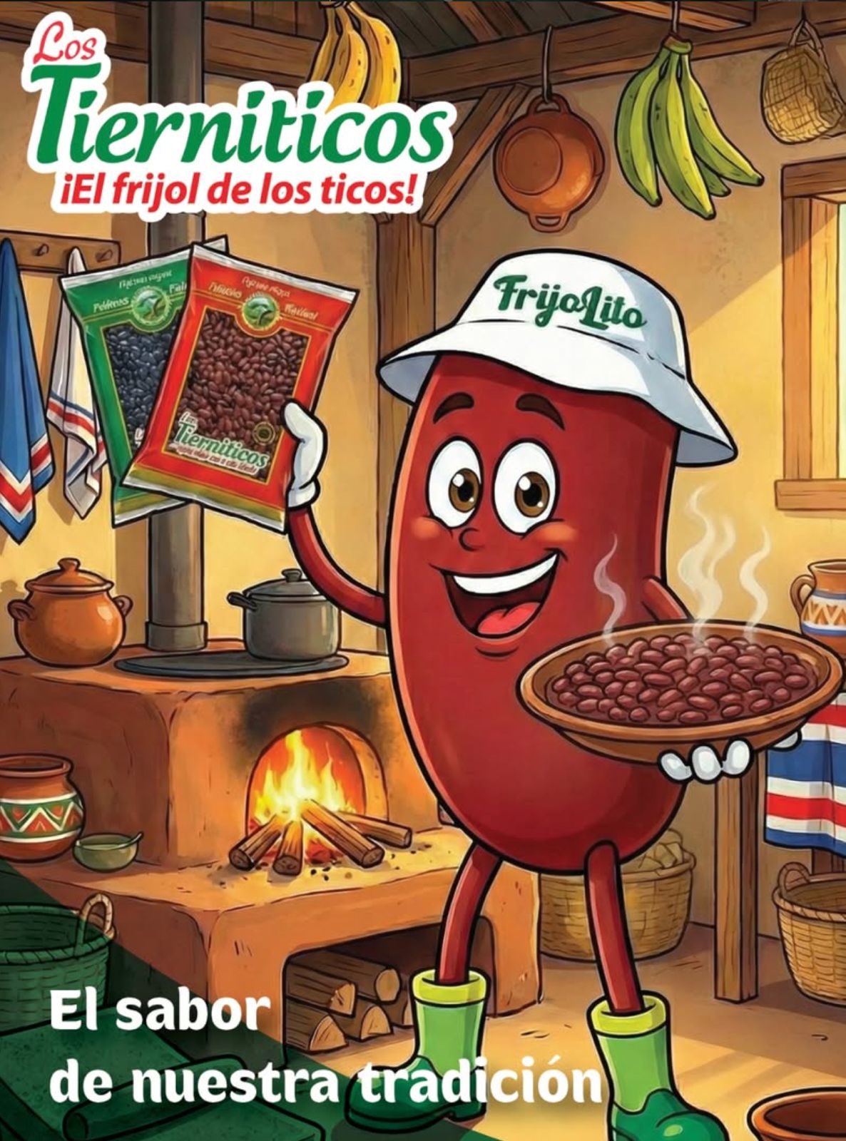 Ilustración del frijol mascota en cocina rural