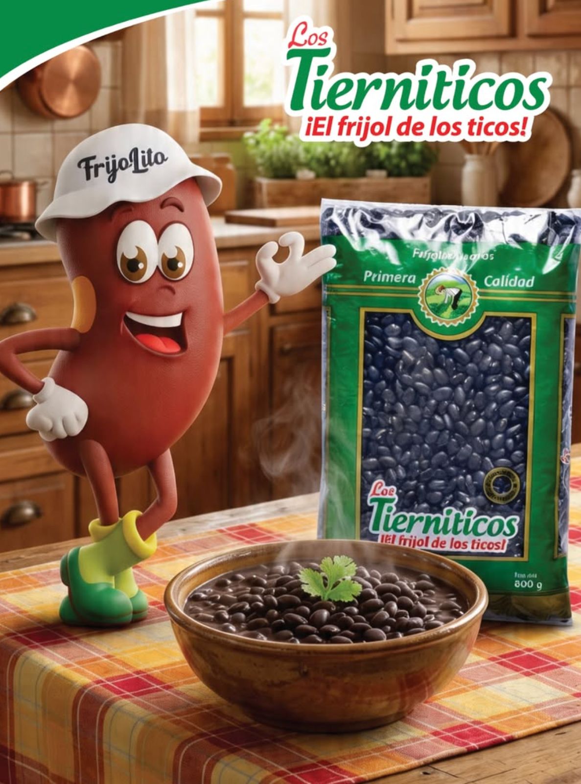 Mascota Frijolito junto a empaque de Los Tierniticos
